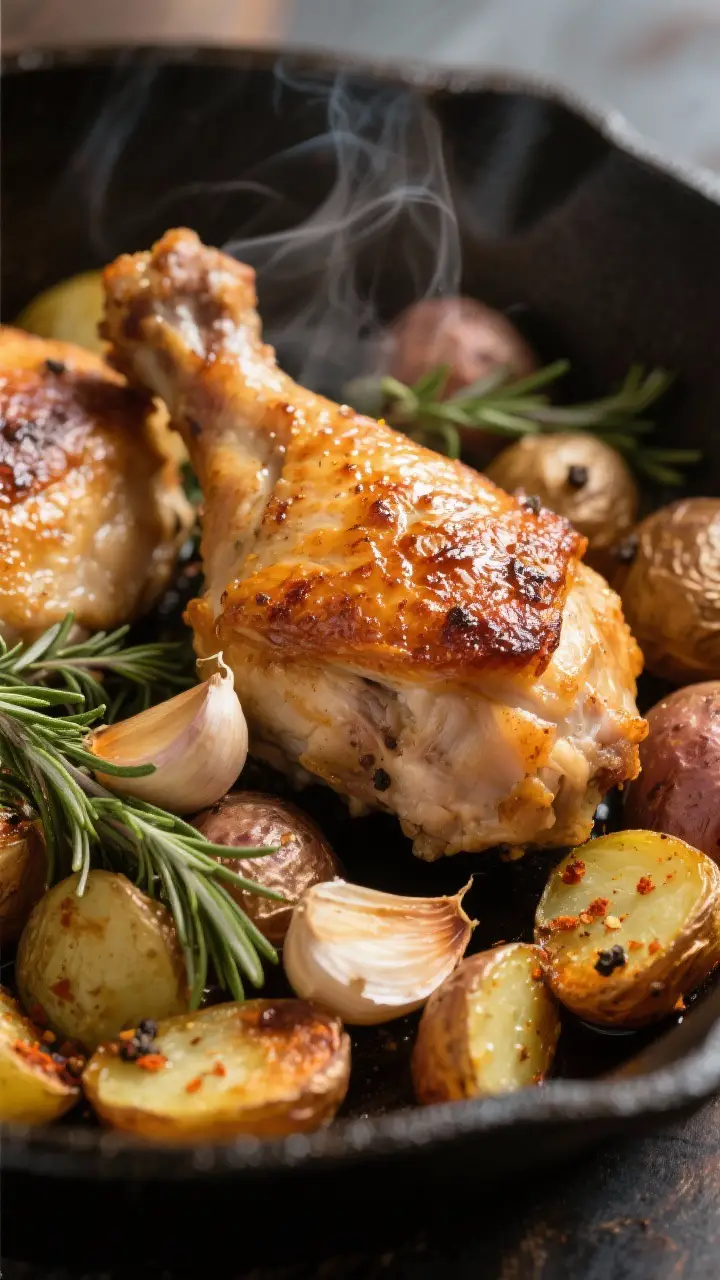 Close-up detail: Crispy, golden-brown bone-in chicken thigh skin just out of the oven, nestled again