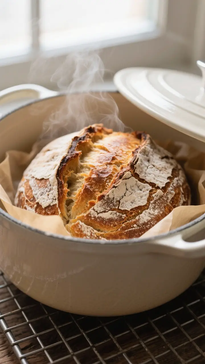 Close-up detail: Crusty pot bread just out of the Dutch oven, lid off and steam still wafting, showi