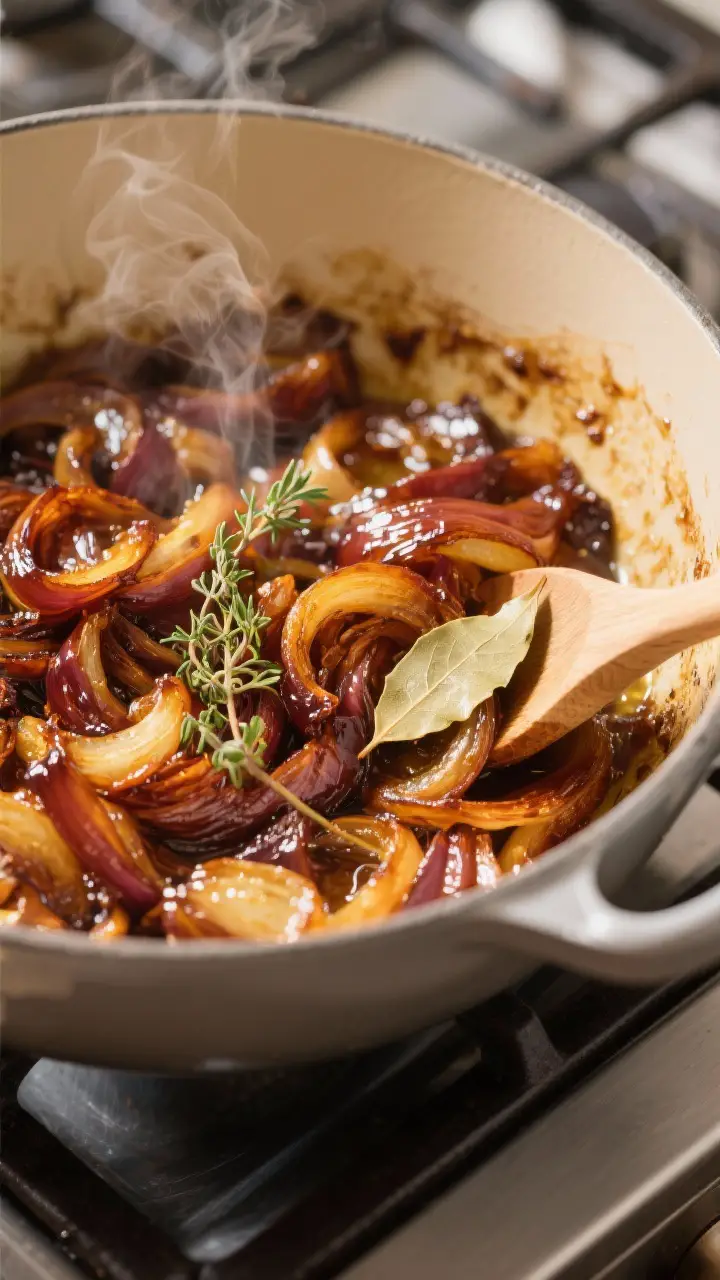 Close-up detail: Deeply caramelized onions in a Dutch oven, jammy and mahogany-brown with glossy but