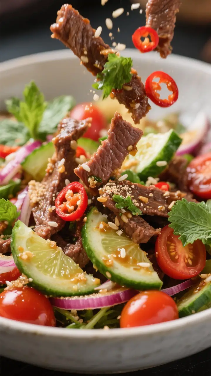 Close-up detail — dressing toss: Warm beef strips, crisp cucumber half-moons, thin red onion slive