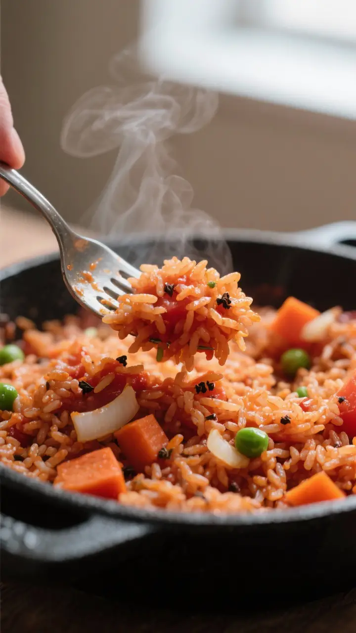 Close-up detail: Fluffy Mexican red rice just after steaming, fork gently fluffing separate, glossy 