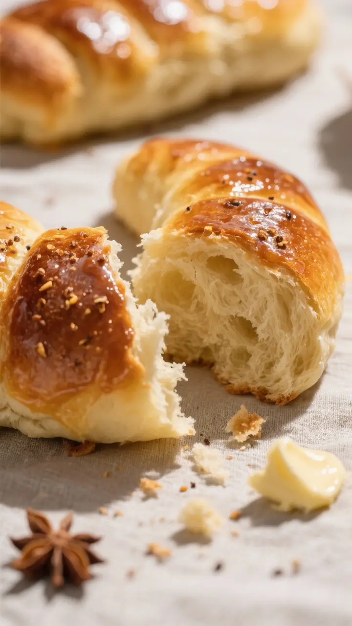 Close-up detail: Freshly baked Mosbolletjies pulled apart to reveal a feathery, tear-away crumb with