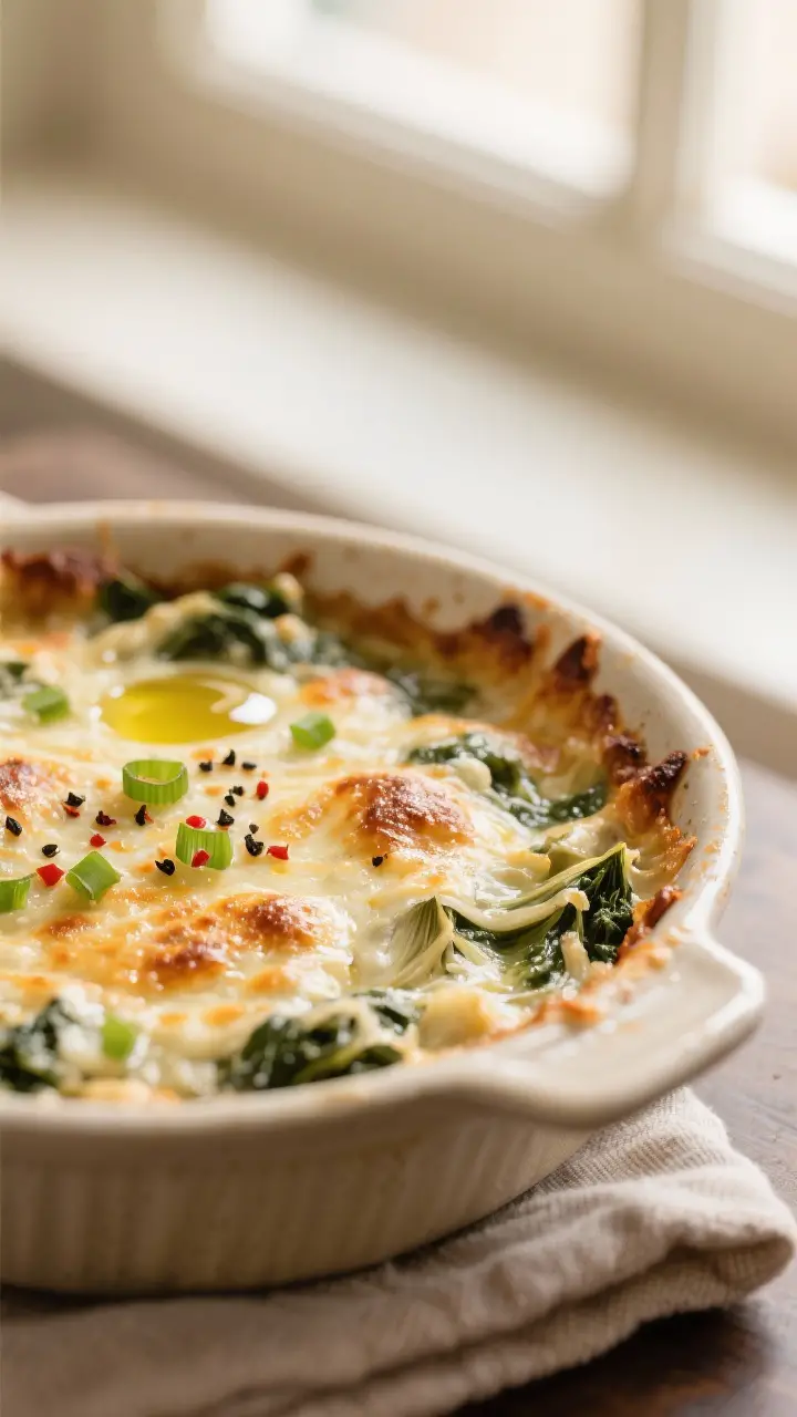 Close-up detail: Freshly baked spinach artichoke dip just out of the oven, bubbling around the edges