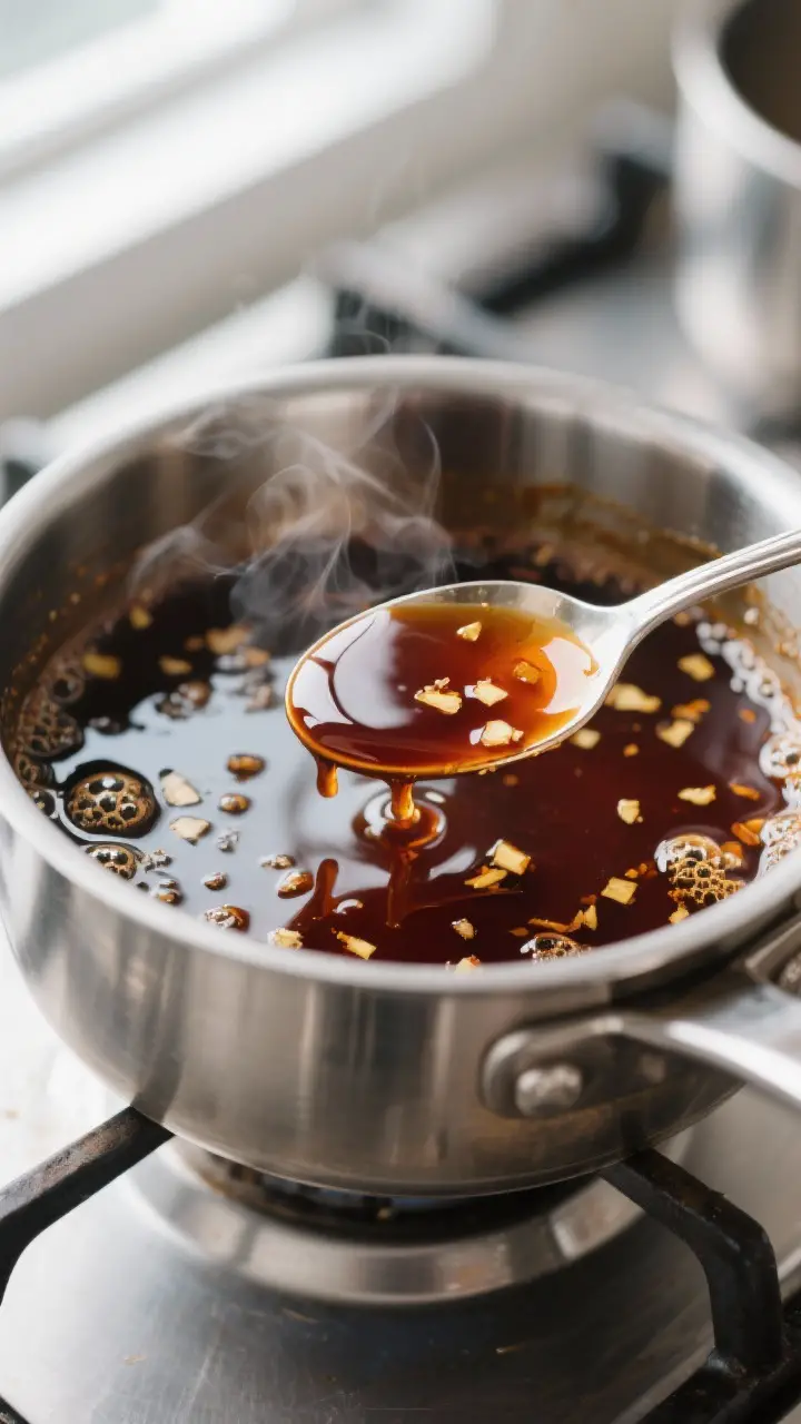 Close-up detail: Glossy homemade teriyaki sauce reducing in a small stainless saucepan, gentle simme