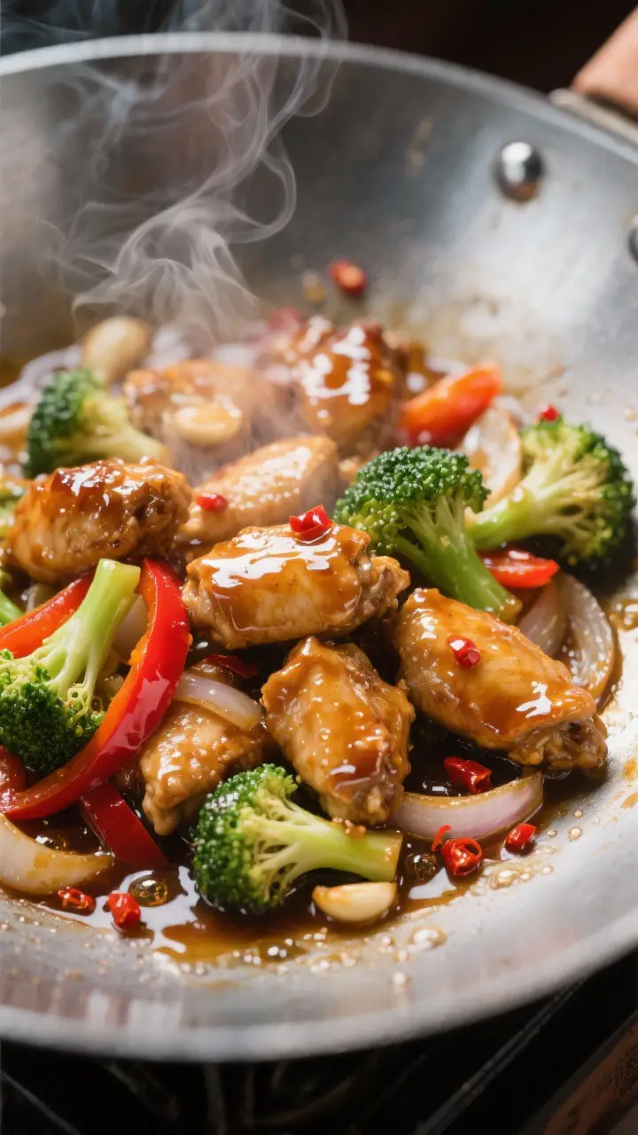 Close-up detail: Glossy honey garlic chicken pieces sizzling in a wok, sauce just thickened and clin