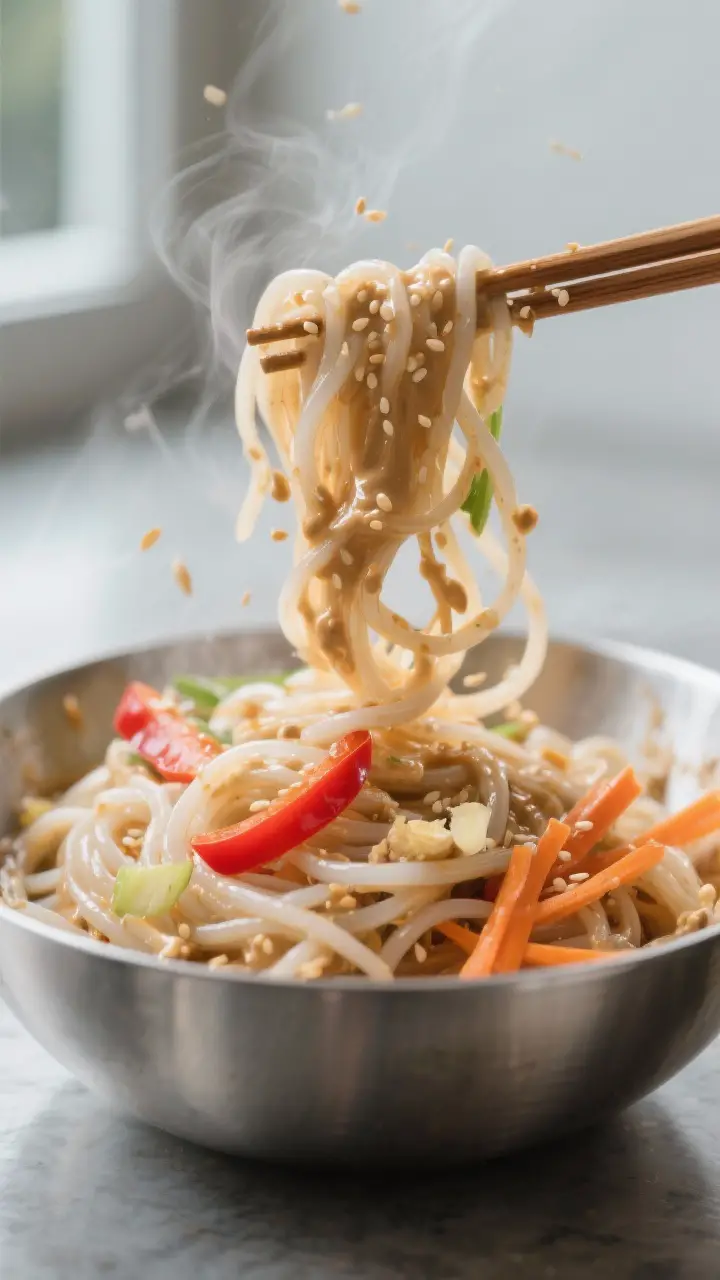 Close-up detail: Glossy rice noodles being tossed with creamy Thai peanut sauce in a wide stainless