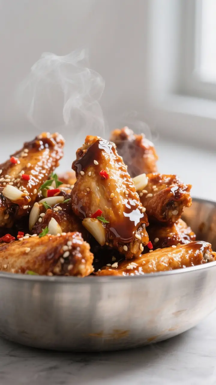 Close-up detail: Glossy soy-garlic wing sauce clinging to hot, crispy baked chicken wings as they’