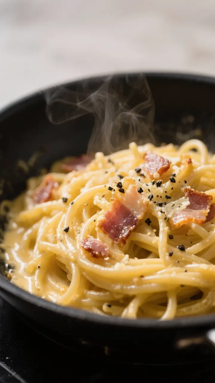 Close-up detail: Glossy spaghetti carbonara being tossed off-heat in a warm skillet, silky egg-and-P