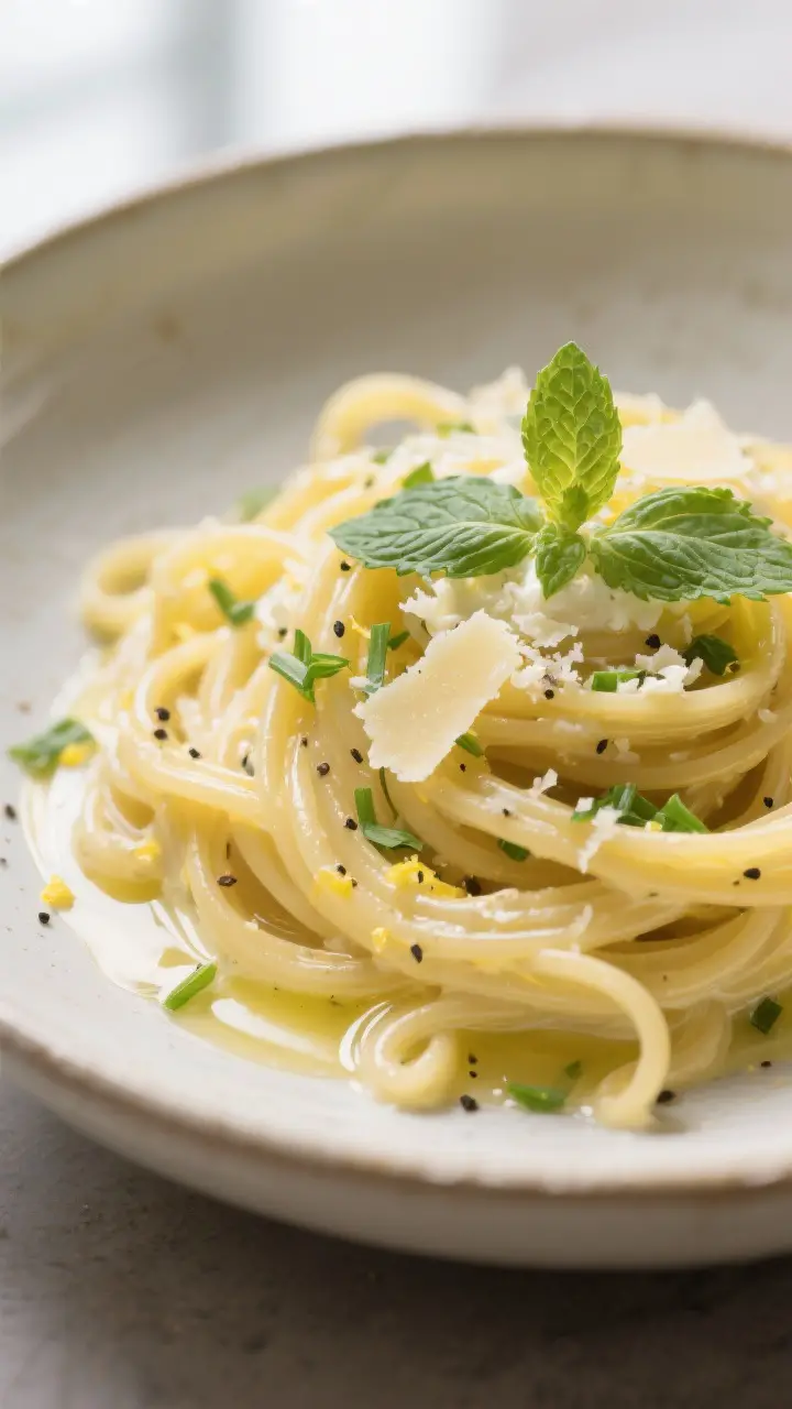 Close-up detail: Glossy strands of linguine coated in silky lemon-ricotta sauce, tiny flecks of lemo