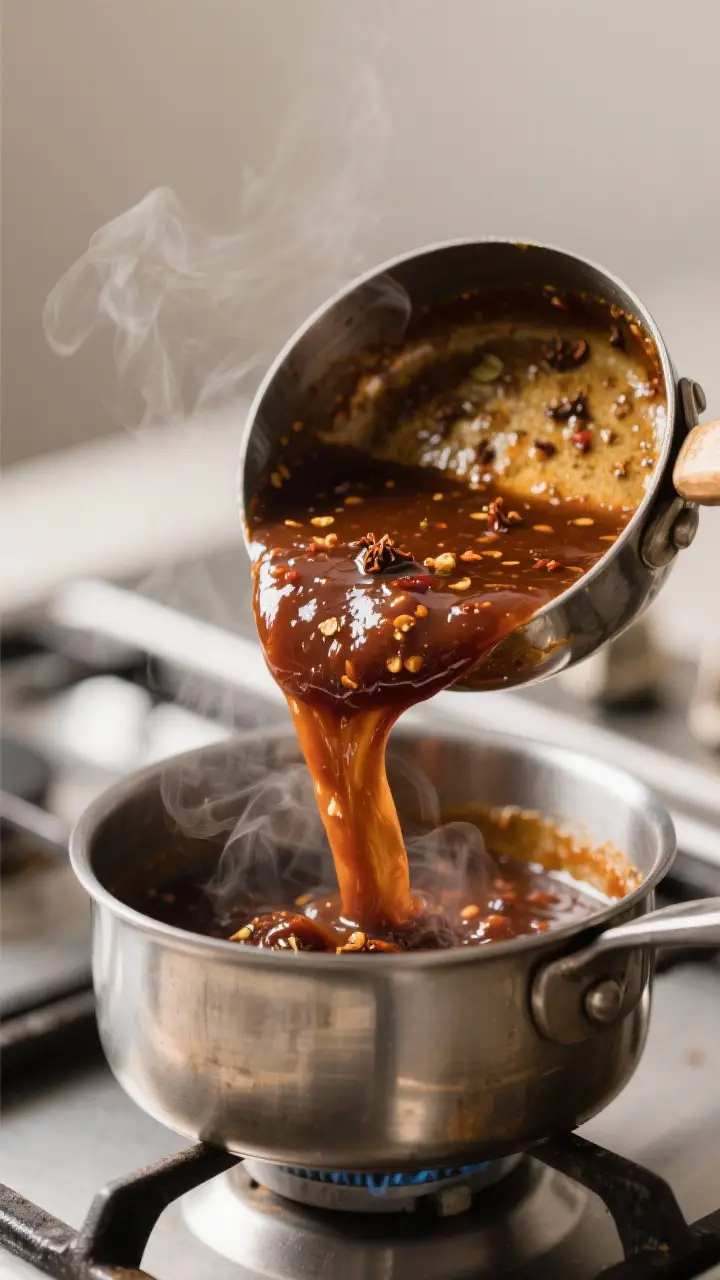 Close-up detail: Glossy tamarind date chutney being ladled from a small saucepan after simmering wit