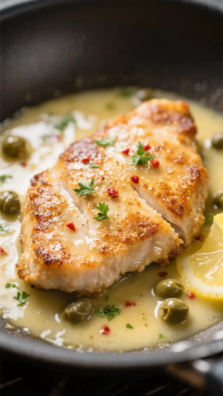 Close-up detail: Golden-brown chicken piccata cutlet just returned to the pan, glistening with silky