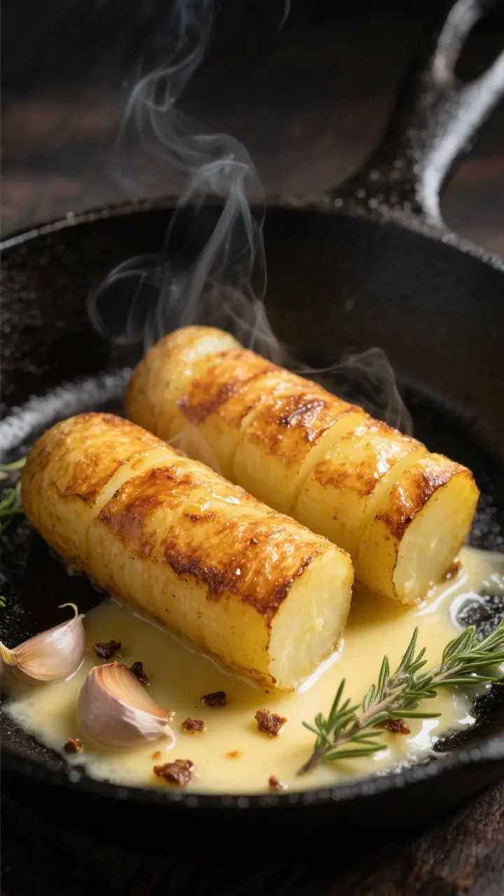 Close-up detail: Golden-brown fondant potato cylinders searing in a black cast-iron skillet, both fl