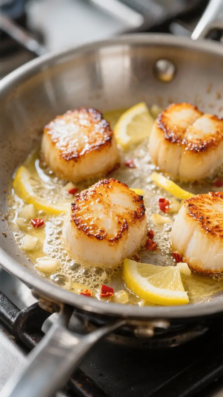 Close-up detail: Golden-brown seared sea scallops sizzling in a stainless steel skillet, deep carame