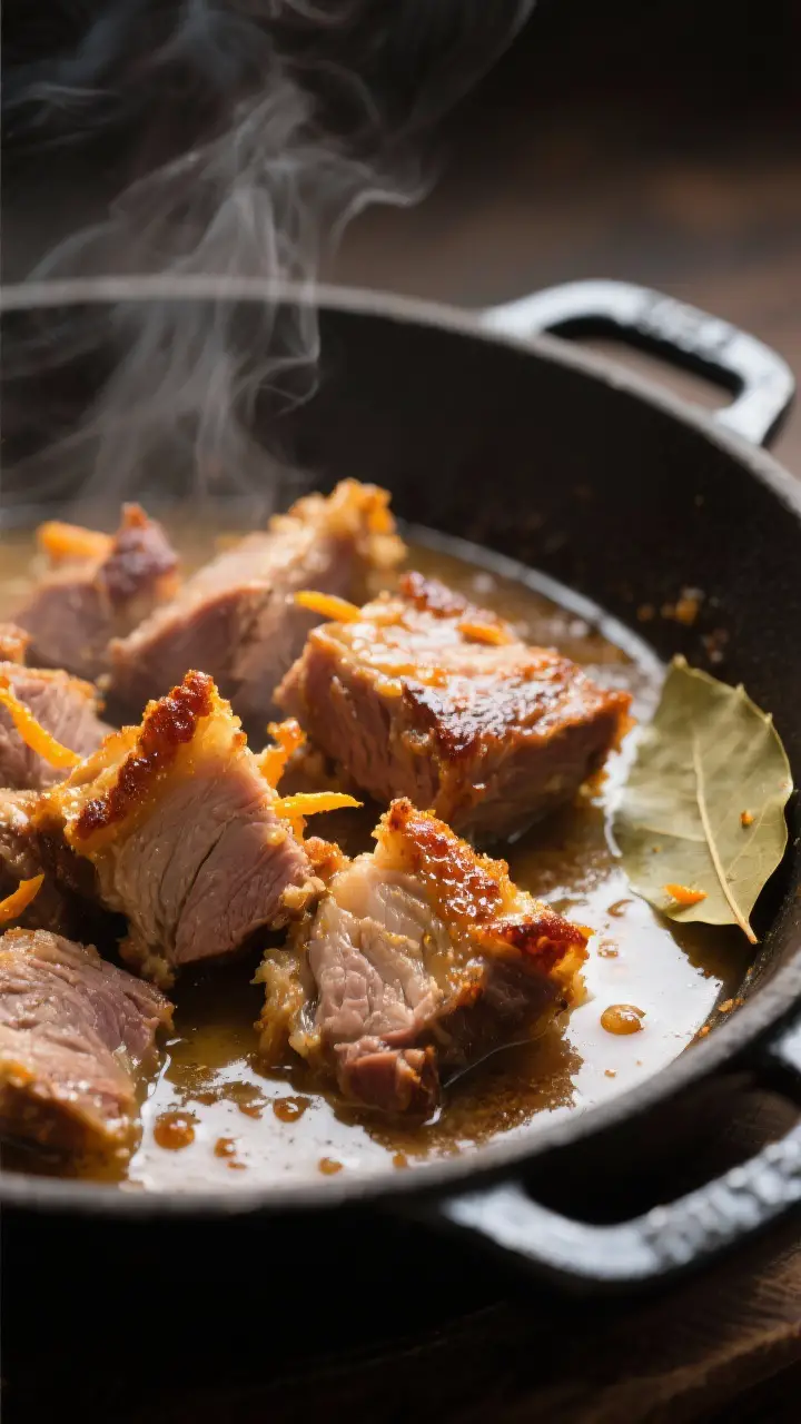 Close-up detail: Golden, crispy-edged carnitas chunks just after the final crisp in a Dutch oven, gl