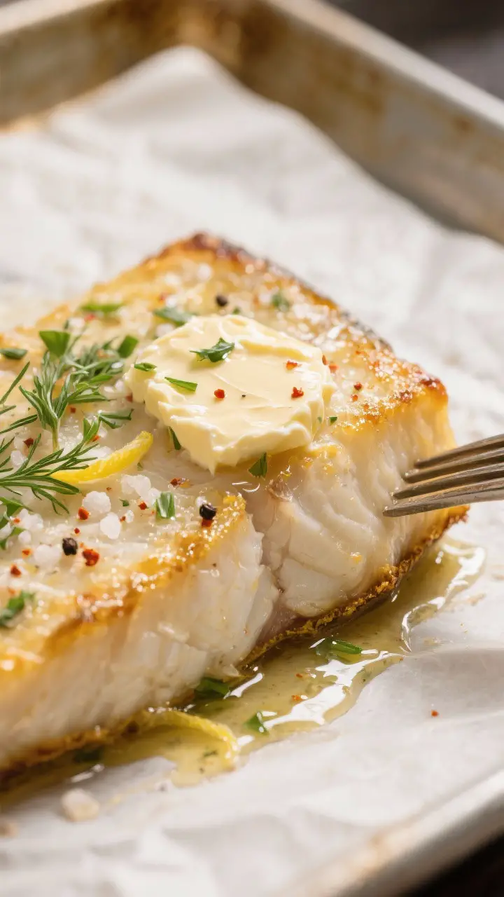 Close-up detail: Golden-edged baked cod fillet just out of the oven, herb butter melted into glossy 