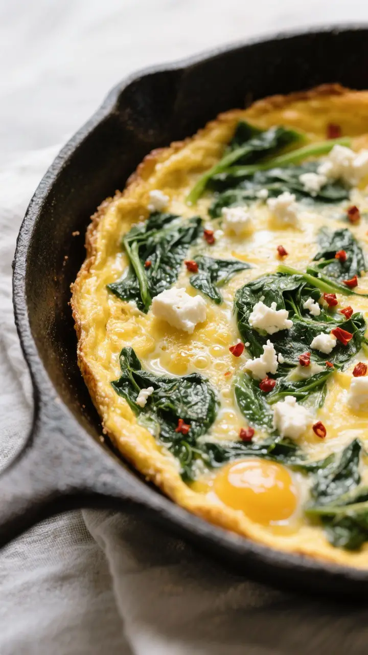 Close-up detail: Golden-edged spinach and feta frittata just out of the oven in a 10-inch cast-iron 