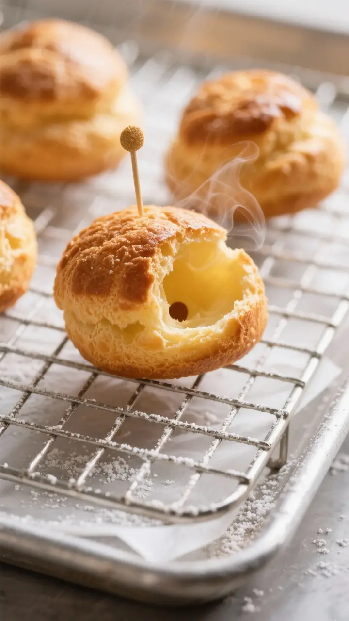 Close-up detail: Golden, freshly baked profiterole shells on a wire rack, each puff pierced with a t