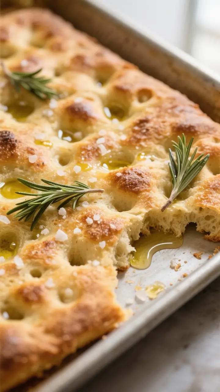 Close-up detail: Golden, freshly baked sourdough focaccia just out of the oven, showing deep olive-o