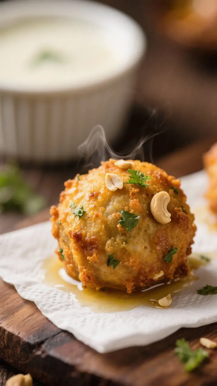 Close-up detail: Golden-fried malai kofta just lifted from the oil and resting on paper towel, showi