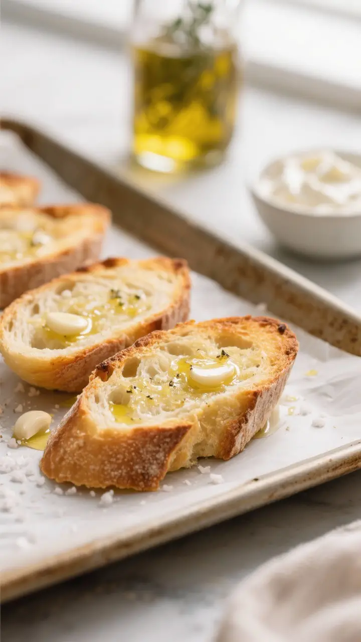Close-up detail: Golden, oven-toasted baguette slices just rubbed with garlic, edges crisp with a te