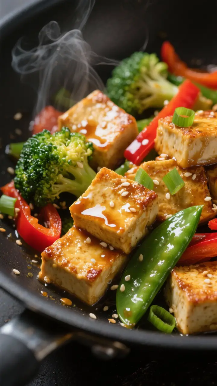 Close-up detail: Golden, pan-crisped tofu cubes glazed in glossy soy-ginger sauce, nestled among bri