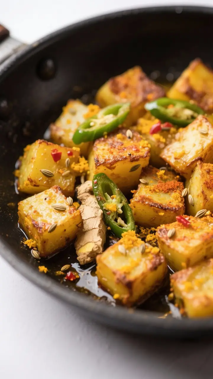 Close-up detail: Golden, pan-roasted Jeera Aloo cubes sizzling in a wide black skillet, cumin seeds 