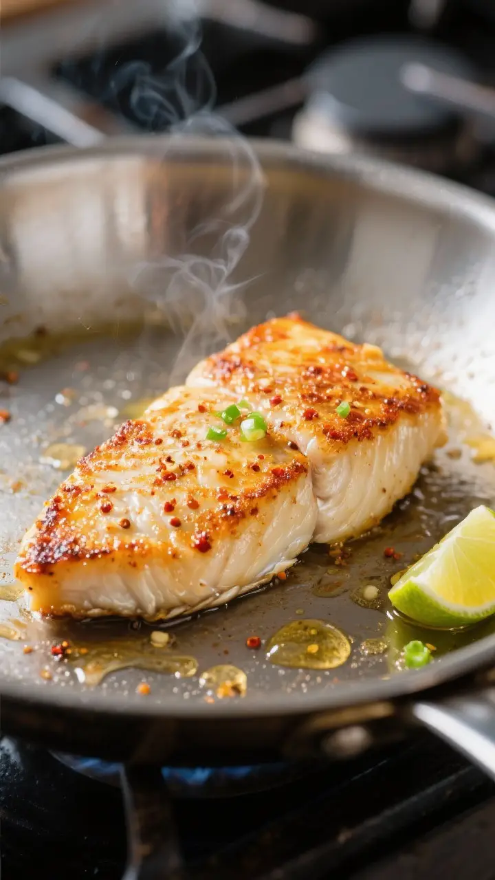 Close-up detail: Golden, pan-seared tilapia fillet just after flipping in a stainless skillet, showi