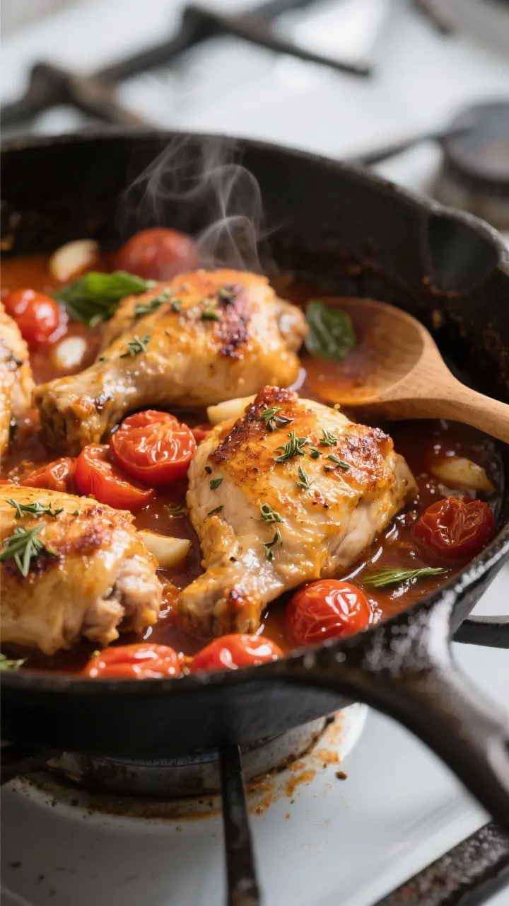 Close-up detail: Golden-seared chicken thighs nestled in a simmering garlicky tomato sauce inside a