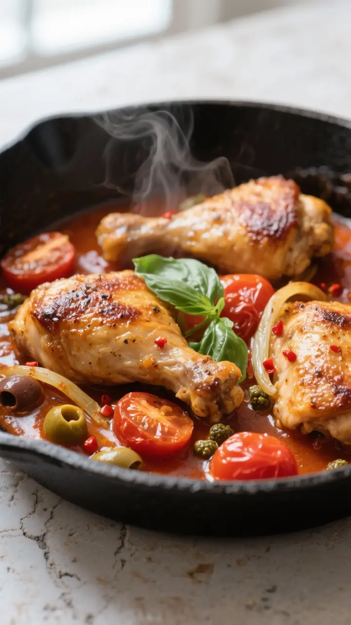 Close-up detail: Golden-seared chicken thighs nestled in a simmering tomato skillet sauce, showing b