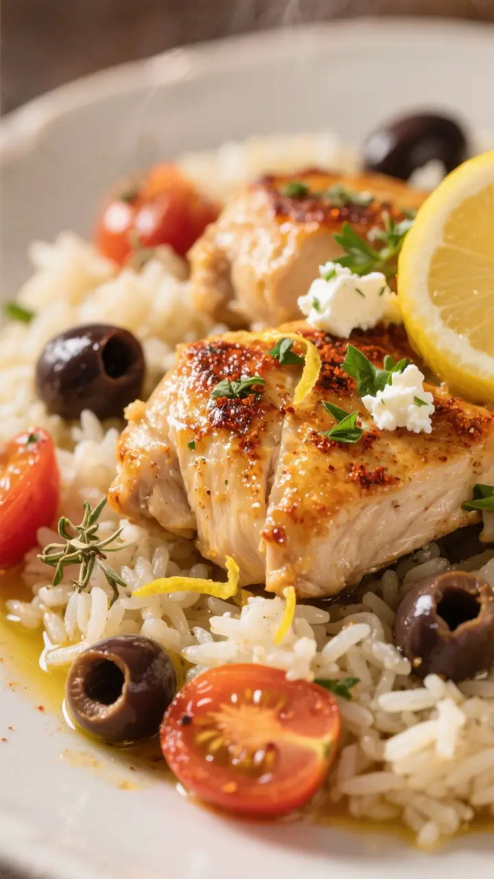 Close-up detail: Golden-seared chunks of Mediterranean chicken nestled into fluffy rice, glistening