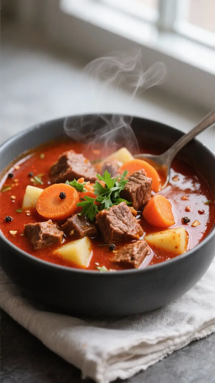 Close-up detail: Hungarian goulash soup ladled into a bowl, focusing on tender beef cubes, carrot ro