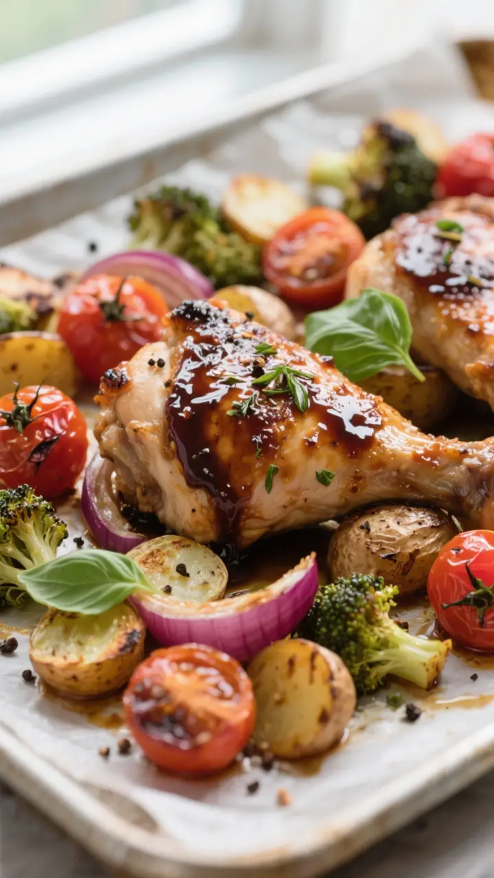 Close-up detail: Juicy balsamic-glazed chicken thighs nestled among roasted baby potatoes, blistered