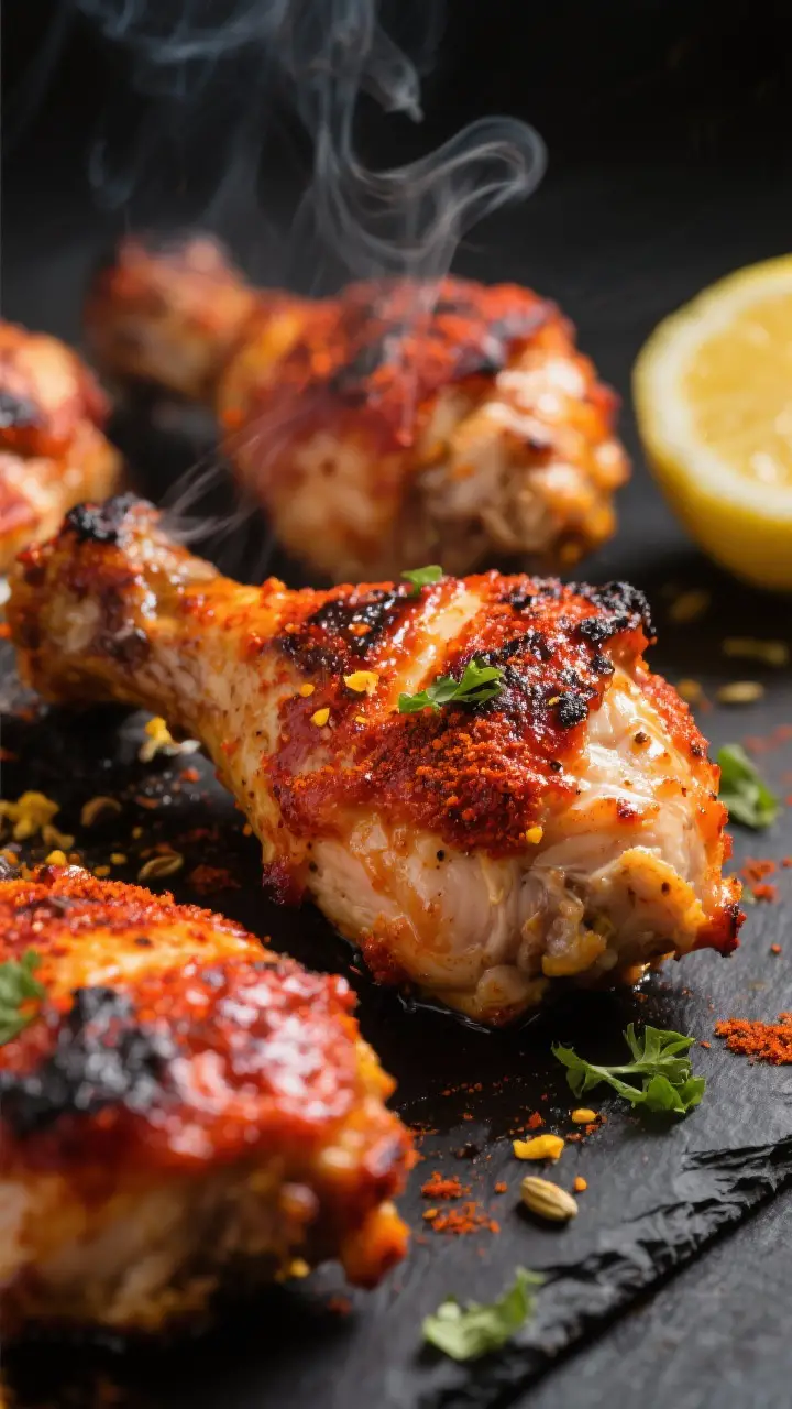 Close-up detail: Juicy tandoori chicken thighs just off the grill, showing blistered, lightly charre
