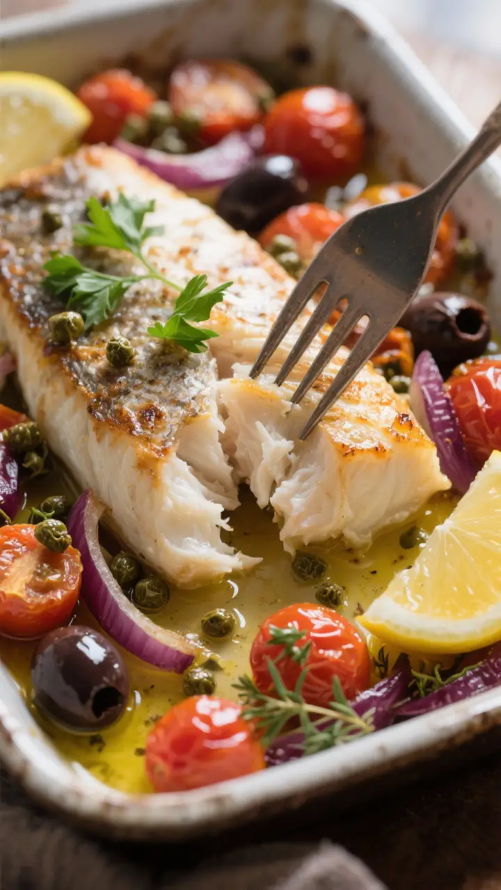 Close-up detail: Just-baked Mediterranean white fish fillet nestled in roasted cherry tomatoes, Kala