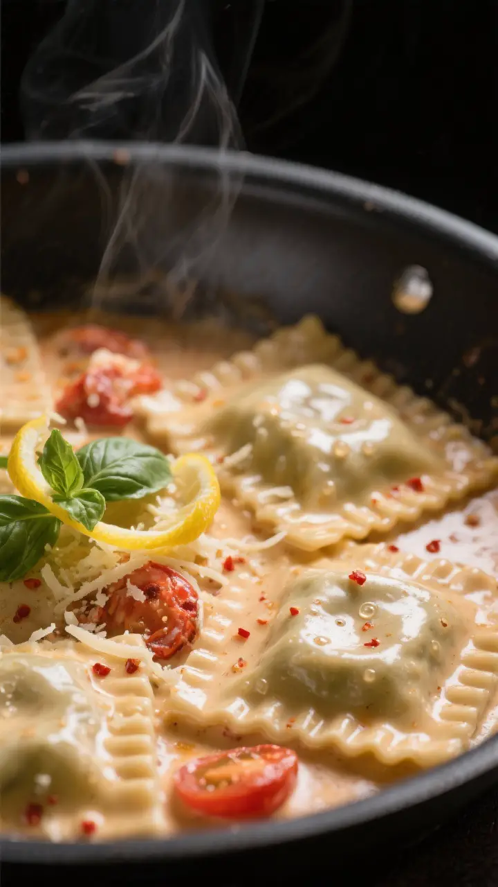Close-up detail: Lobster ravioli just coated in silky vodka cream sauce in a wide skillet, sauce cli