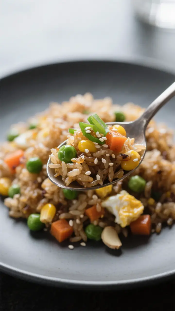 Close-up detail: Macro shot of a spoonful of vegetable fried rice showing distinct, separate grains 