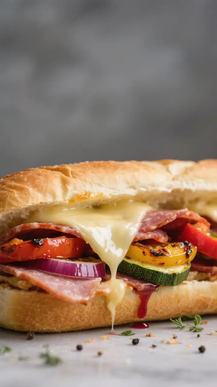 Close-up detail: Melted provolone cascading over layered Genoa salami, capicola, and ham inside a li