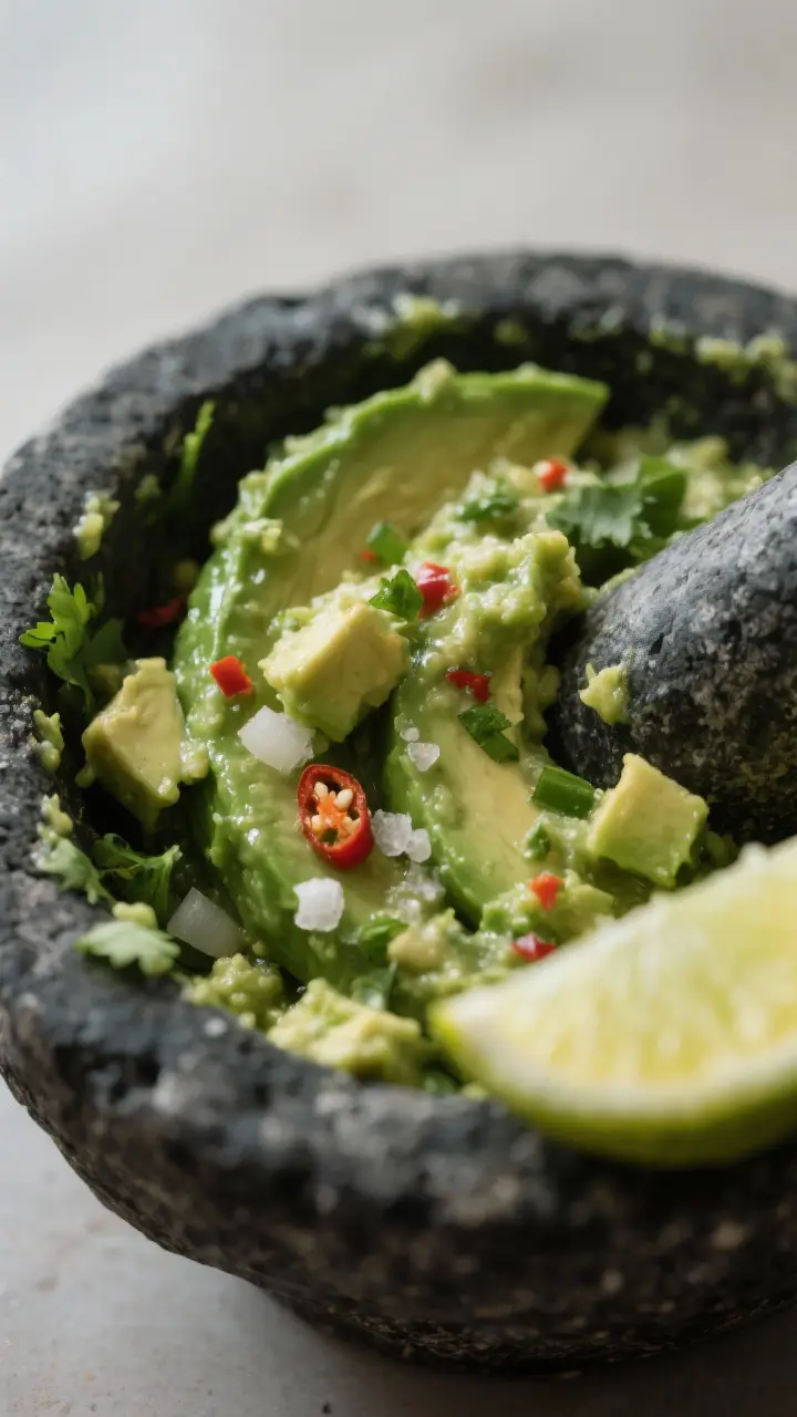 Close-up detail: Molcajete-style guacamole mid-mash inside a dark volcanic stone molcajete, showing