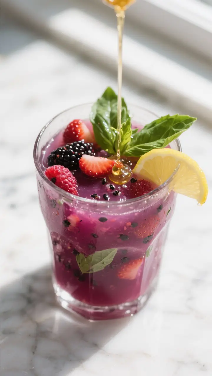 Close-up detail: Muddled berry-basil base in a clear mixing glass, rich magenta juices with visible 