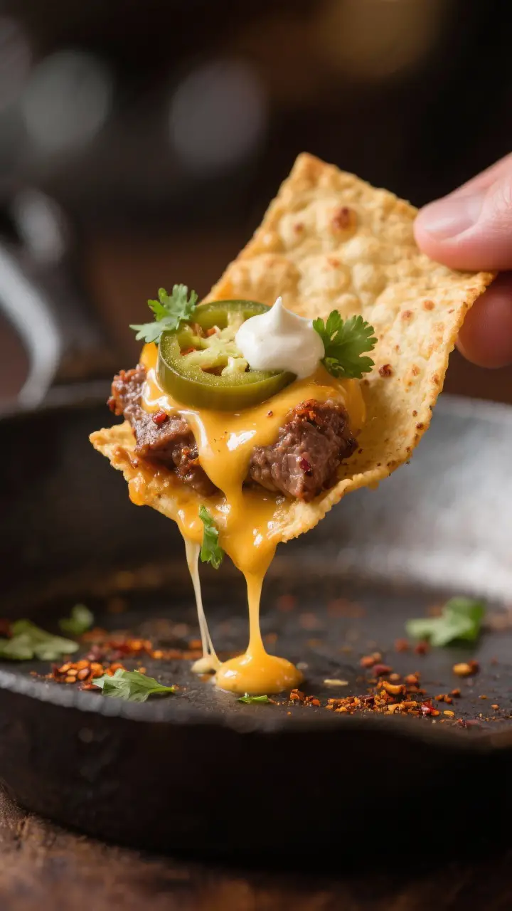 Close-up detail of a single “perfect bite” chip lifted from the pan (isolated on the surface, no
