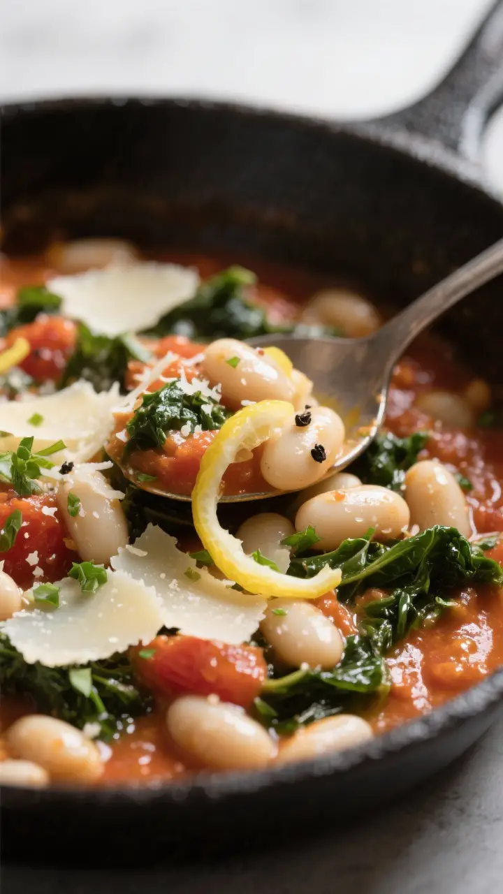 Close-up detail of creamy finish: Tight, shallow-depth shot of the cooked white beans folded into th