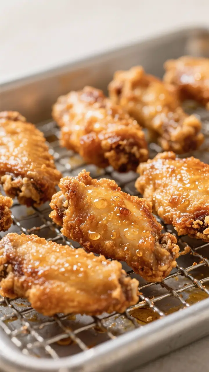 Close-up detail of double-fried Korean chicken wings just out of the second fry, deep golden and bli