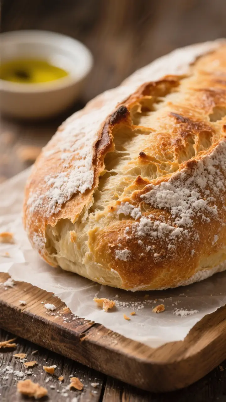Close-up detail of freshly baked farm ciabatta loaf just out of the oven, focus on the blistered, de