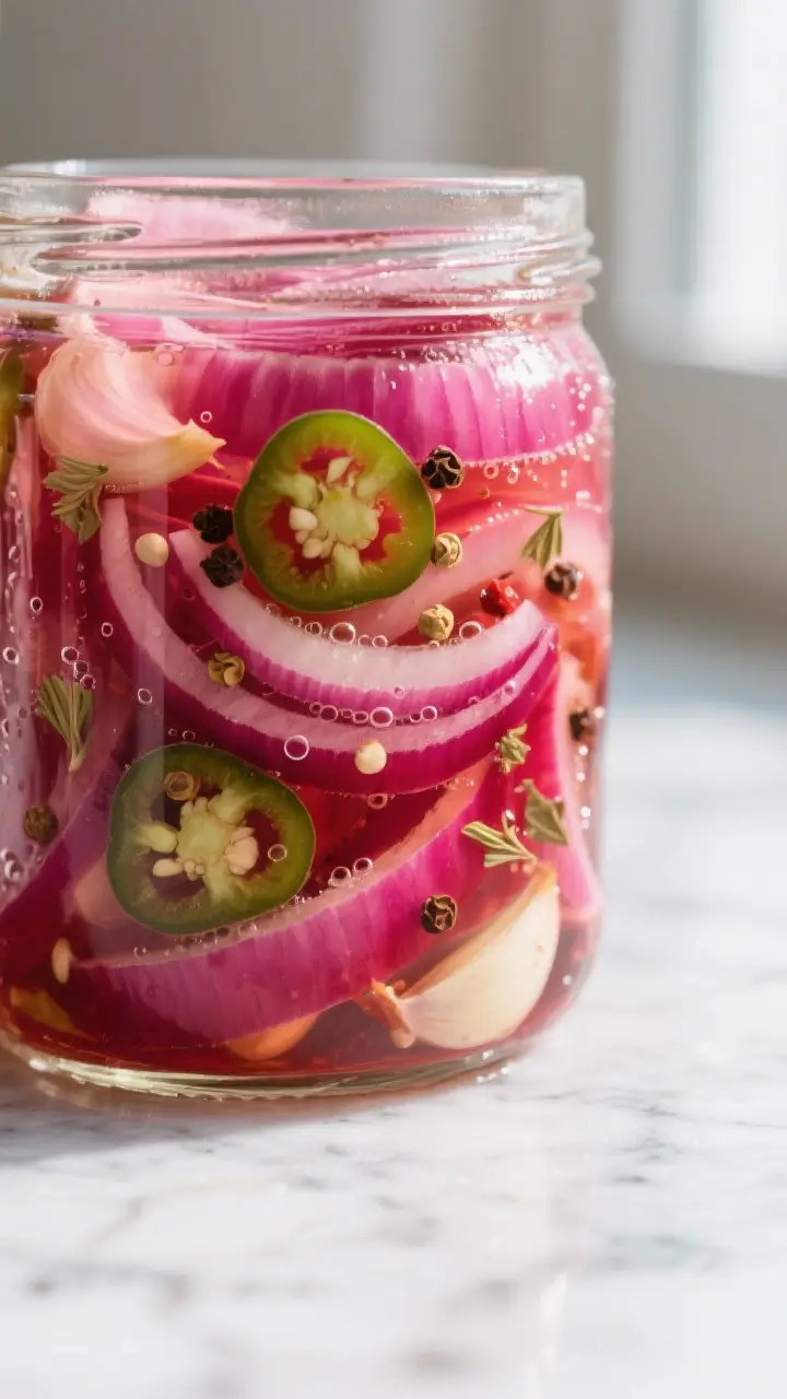 Close-up detail of freshly pickled red onions in a glass jar right after brine is poured, showing tr