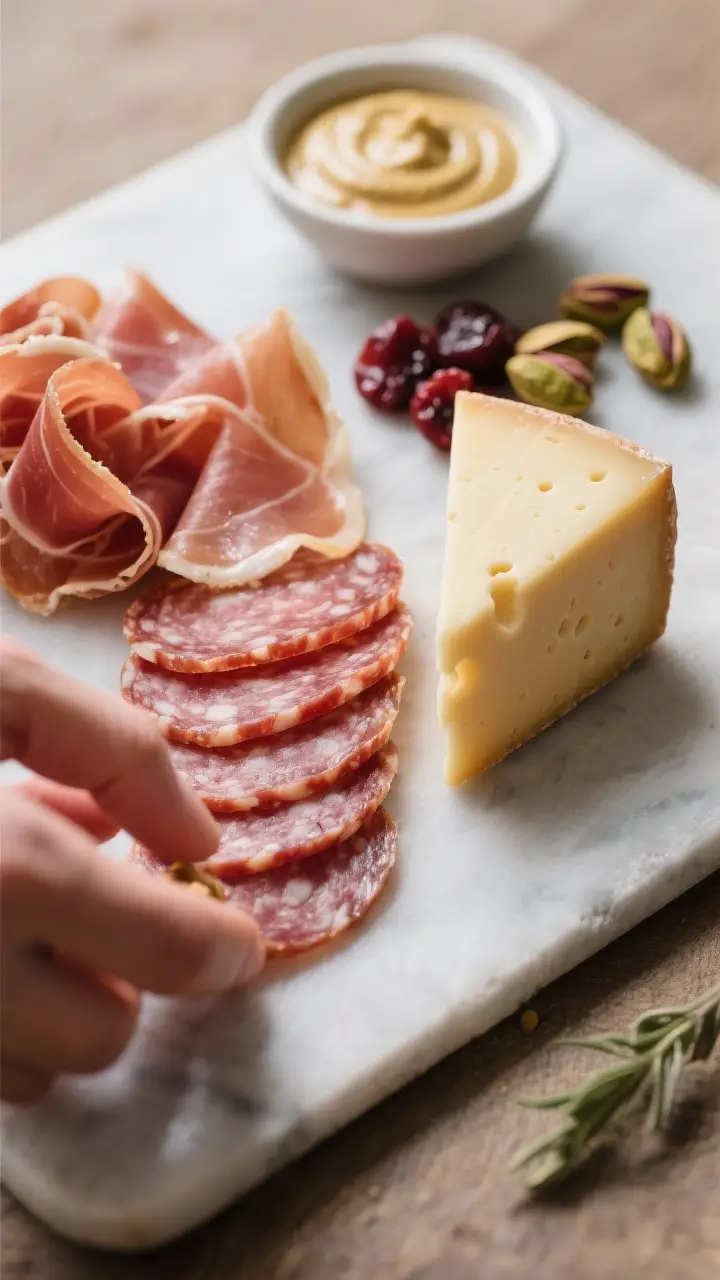 Close-up detail of prosciutto ribbons and salami folds being arranged next to a wedge of Manchego: h