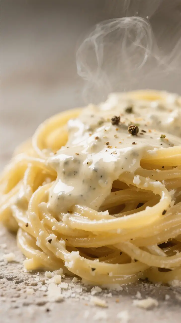 Close-up detail of sauce texture: Off-heat finish where a creamy Pecorino Romano paste is melding in
