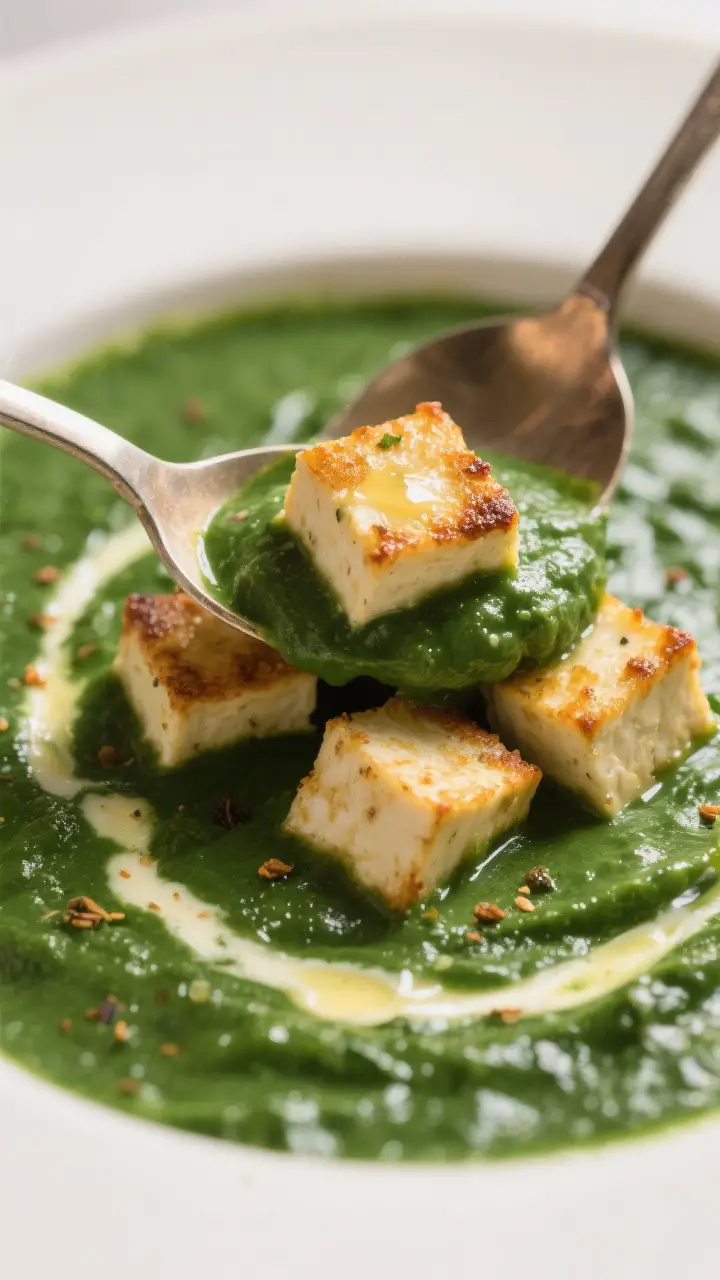 Close-up detail — Pan-fried paneer being folded into the silky spinach sauce: tight shot of lightl