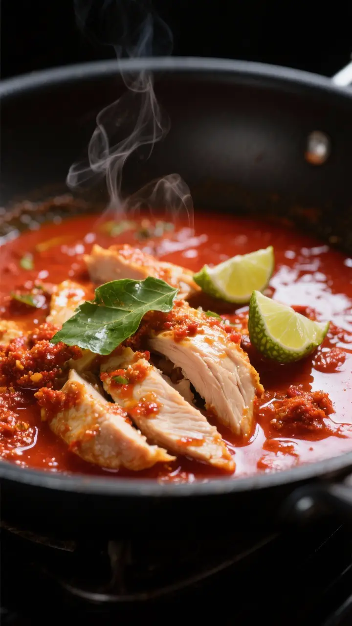 Close-up detail: Red curry paste blooming in glossy coconut cream in a shallow wok, the sauce turnin
