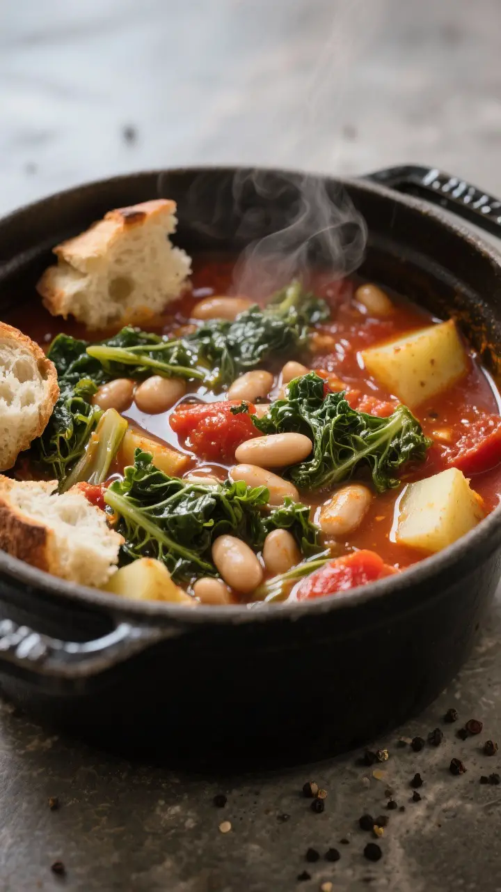 Close-up detail: Ribollita mid-simmer in a Dutch oven, showing glossy olive-oil-sheened surface with