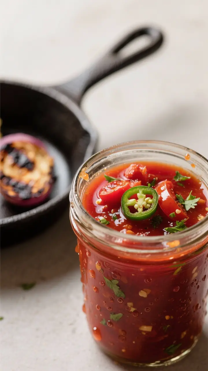 Close-up detail: Roasted salsa roja being blended to a restaurant‑style smooth texture in a glass